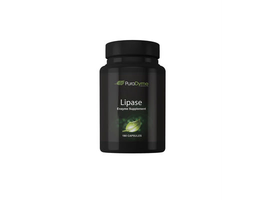 Puradyme Lipase enzyme bottle front, digestive support for meals