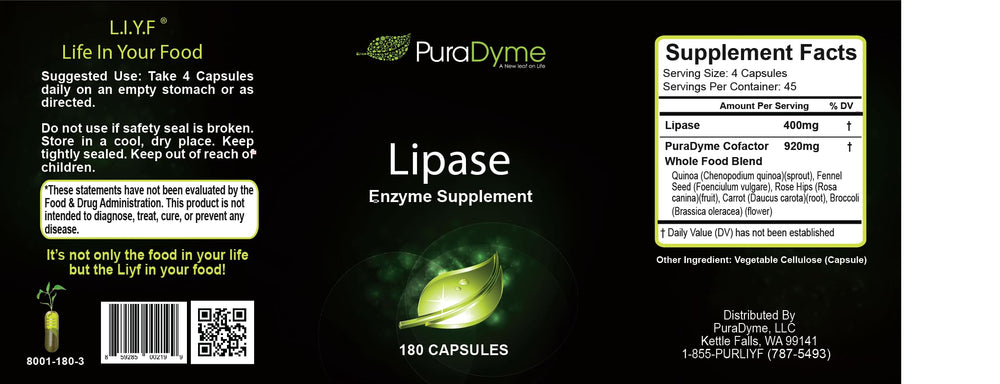 Puradyme Lipase enzyme capsules close-up, fat digestion aid