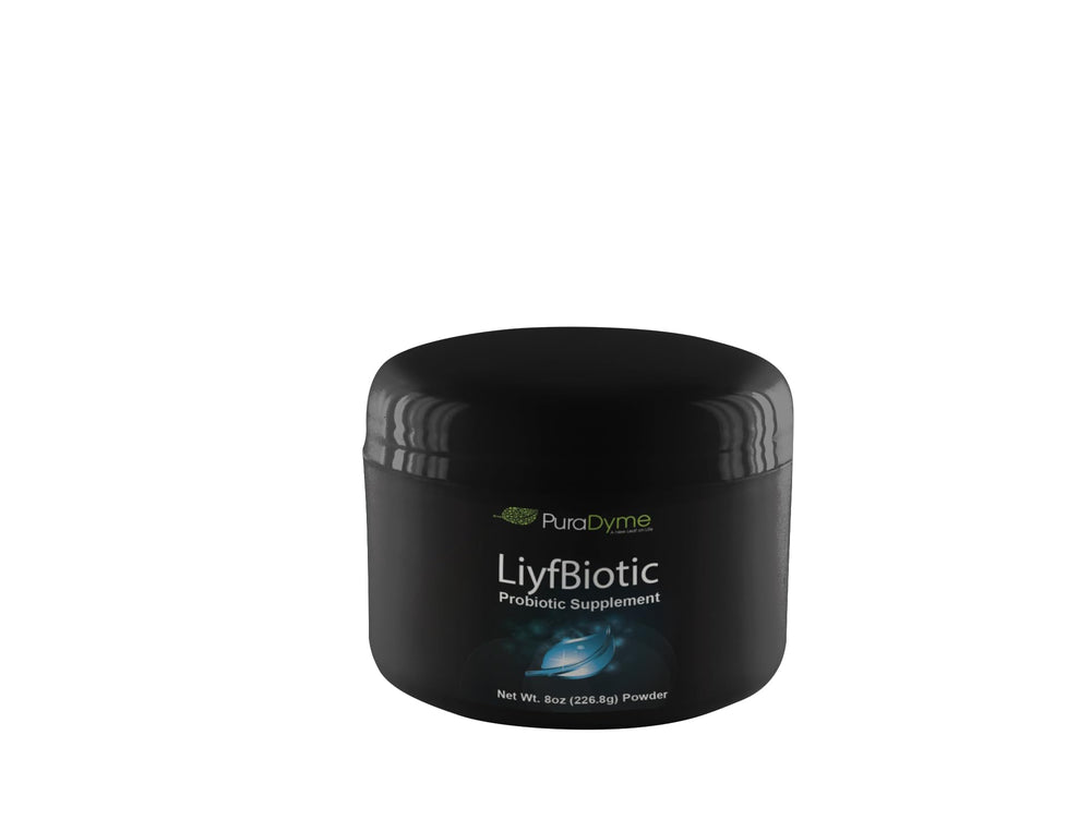Puradyme LiyfBiotic powder tub with scoop supports daily digestive balance and gut flora.