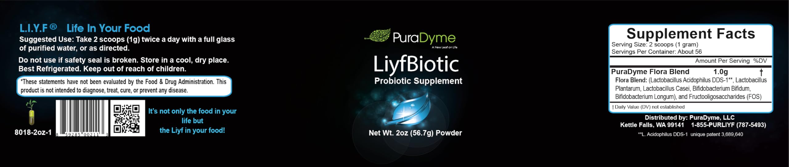 PuraDyme LiyfBiotic powder tub highlighting the multi-strain formula for daily use.