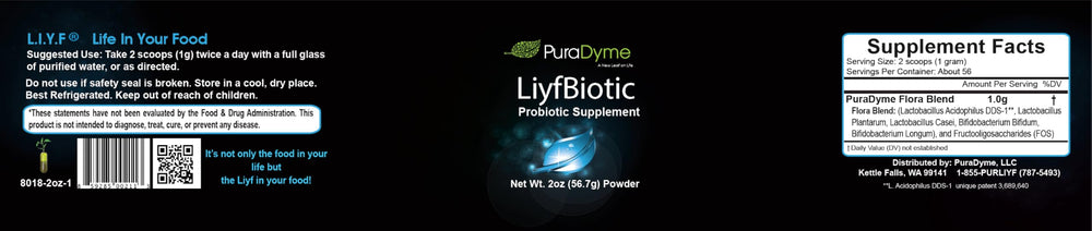 PuraDyme LiyfBiotic powder tub highlighting the multi-strain formula for daily use.