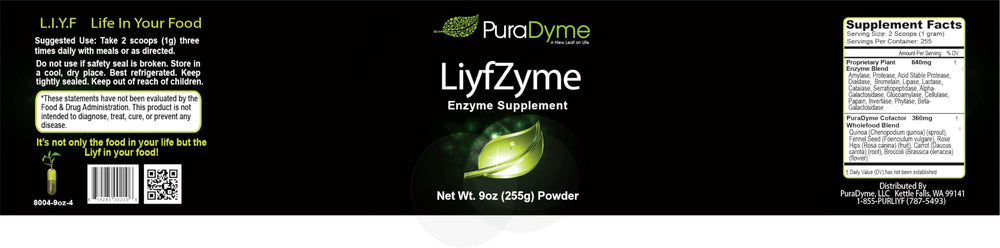 Puradyme LiyfZyme powder being poured into a glass for smoothies or juice