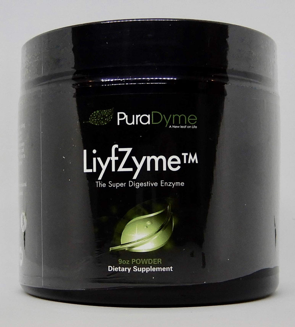 PuraDyme LIYFZYME powder with scoop ready for meals to aid digestion.