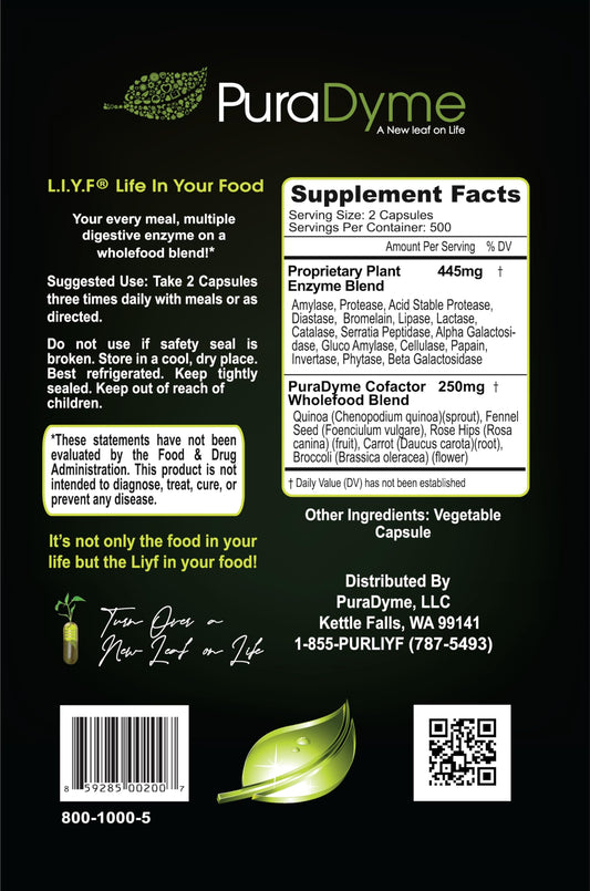 Puradyme LiyfZyme capsules close-up highlighting plant-based formula for daily wellness.