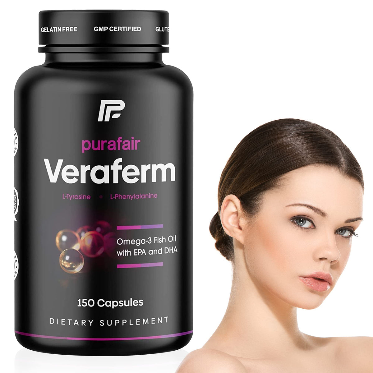 Purafair Veraferm bottle pour shows easy daily dosing for skin pigmentation support.