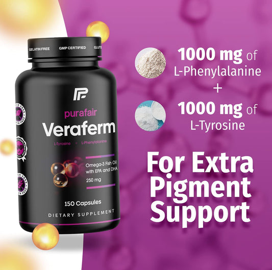 Purafair Veraferm pills close-up highlights convenient daily capsules for pigmentation balance.