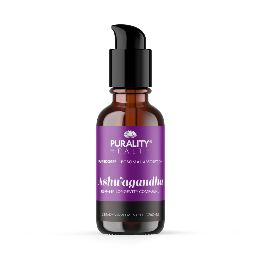 PURALITY HEALTH Ashwagandha liposomal liquid bottle pour shows easy dosing for daily balance