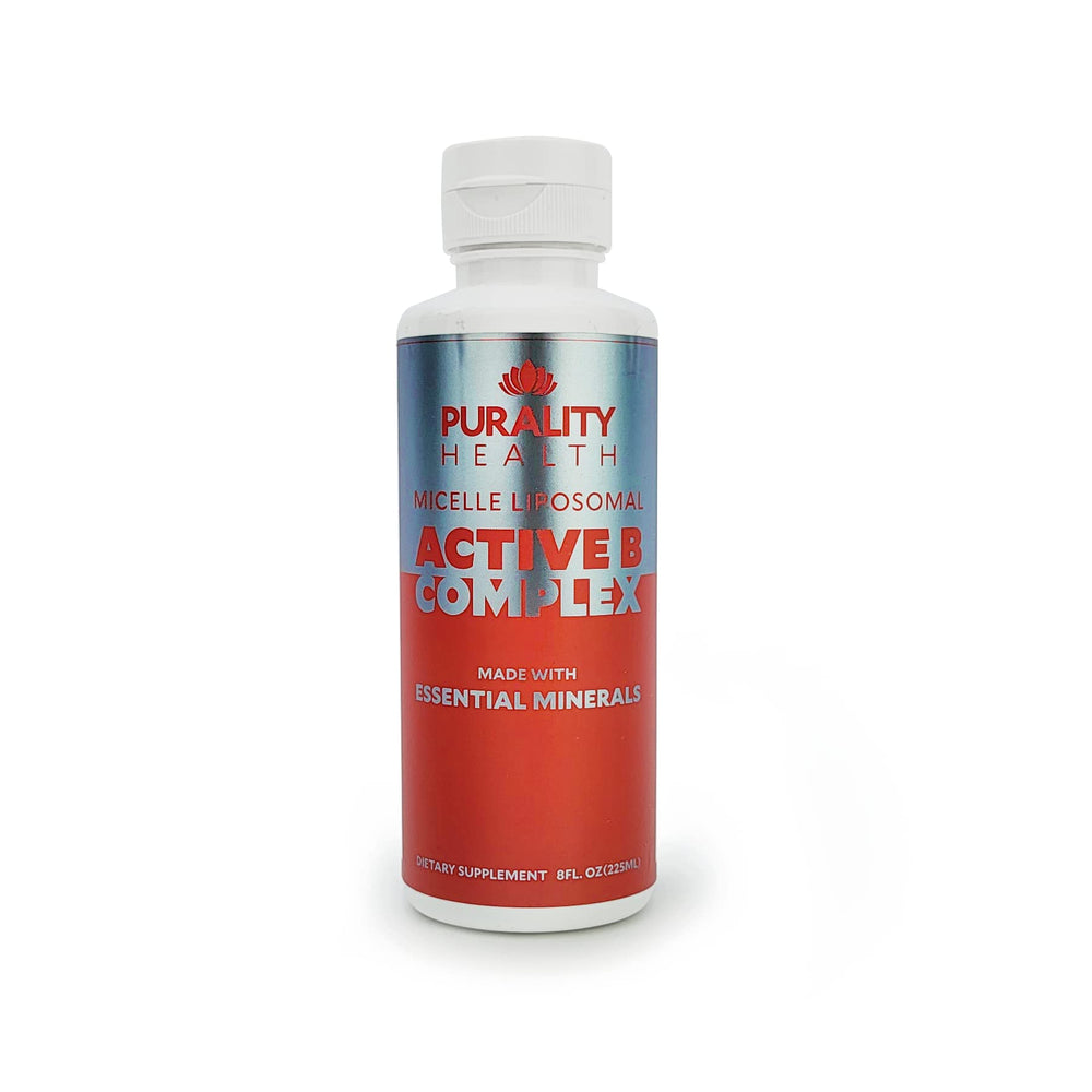 Purality Health B Complex bottle close-up highlighting liposomal absorption for daily energy.