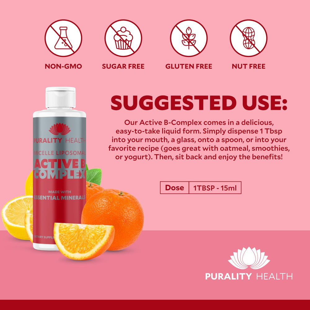 Purality Health B Complex serving spoon with liquid for easy daily use.