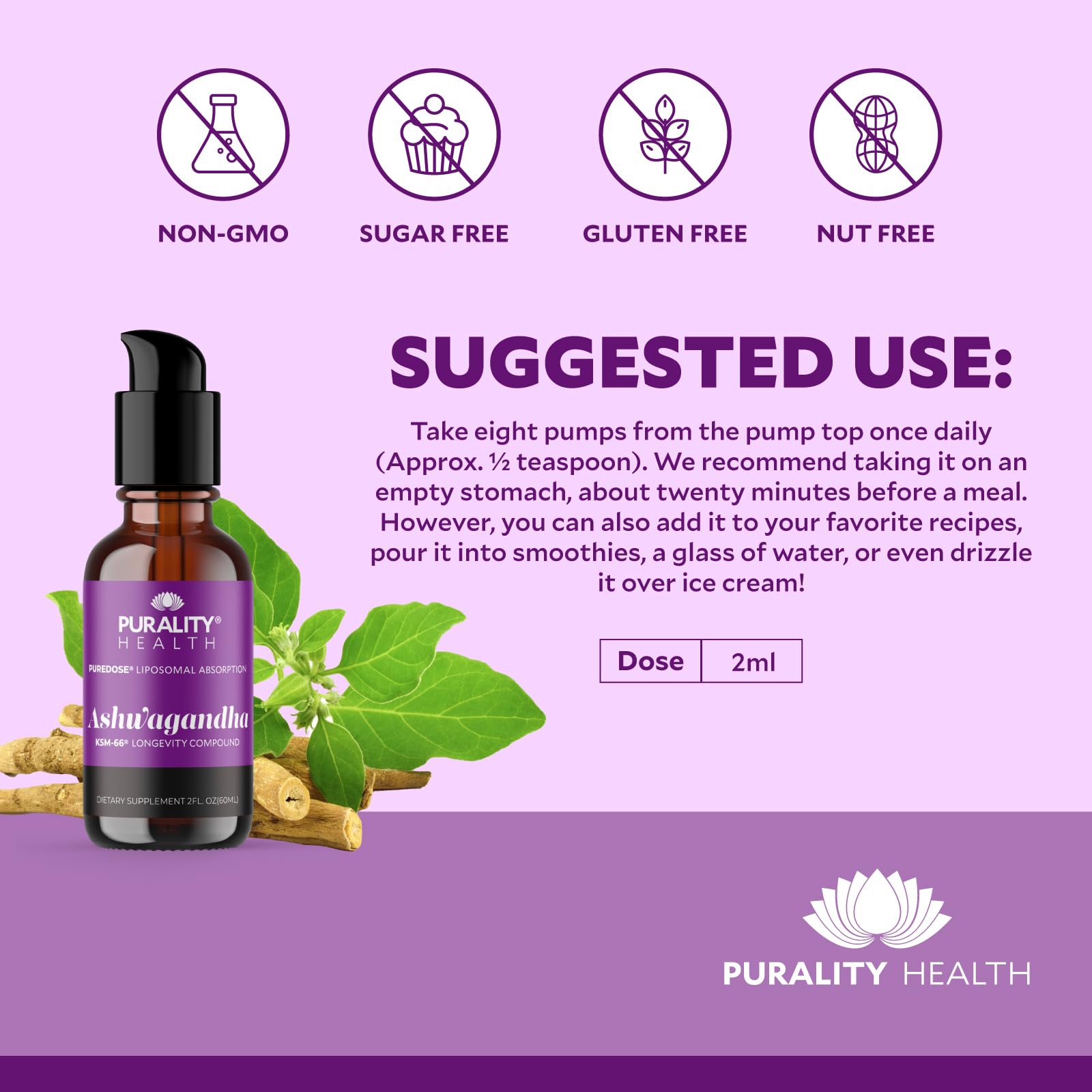 Bottle cap close-up of PURALITY HEALTH Ashwagandha liposomal liquid
