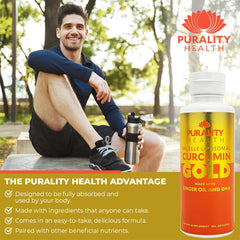 Close-up of Purality Health Curcumin Gold label showing DHA and ginger for daily wellness