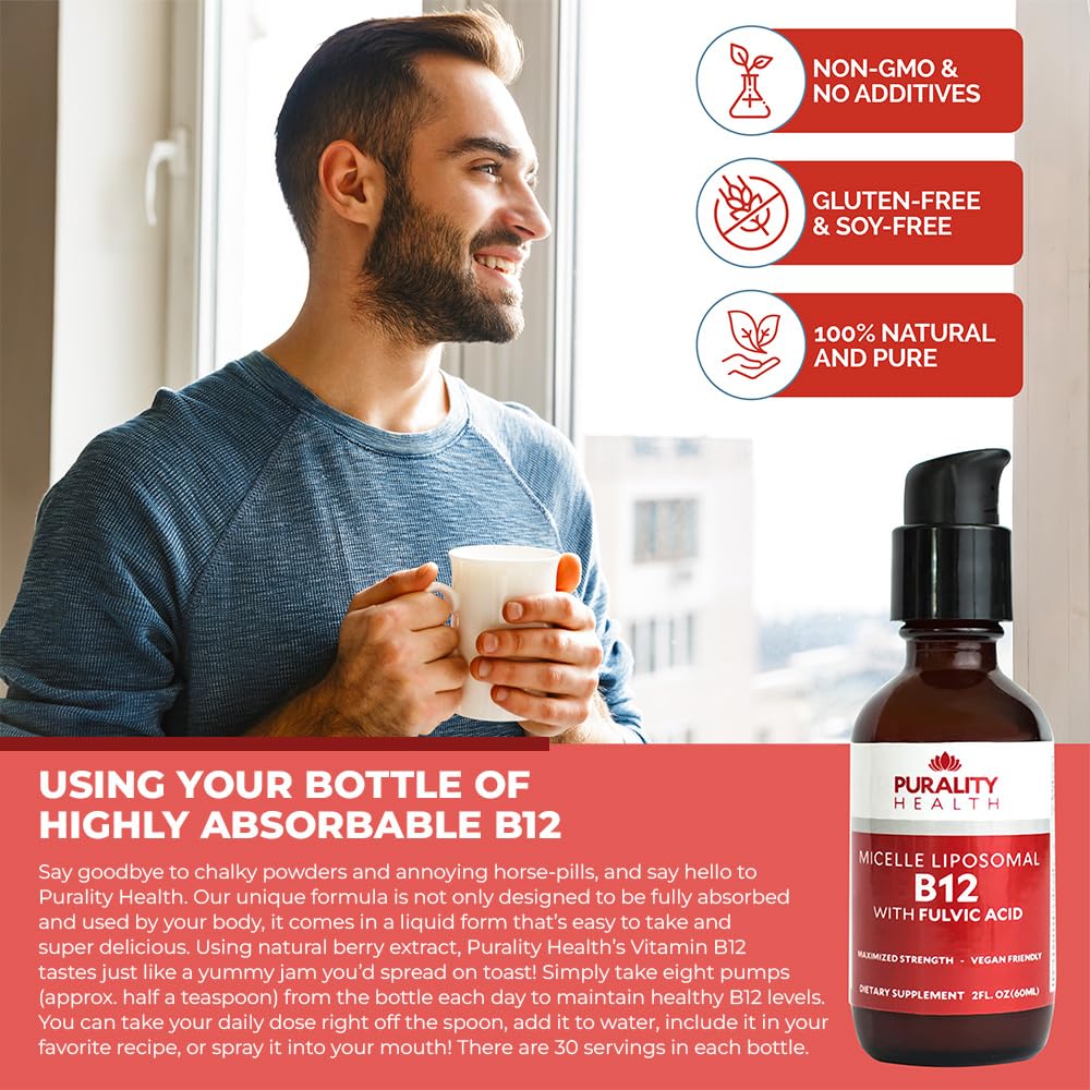 Purality Health fulvic acid B12 formulation highlights improved bioavailability and daily support.