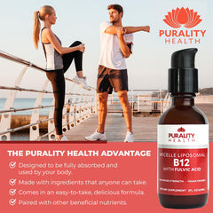 Purality Health liquid B12 drops close-up shows berry flavor and quick absorption.
