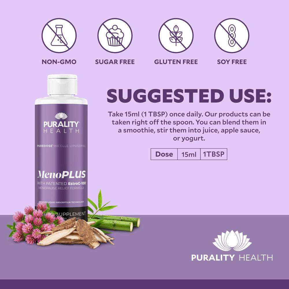 PURALITY HEALTH MenoPLUS label closeup with EstroG-100 and vitamins.