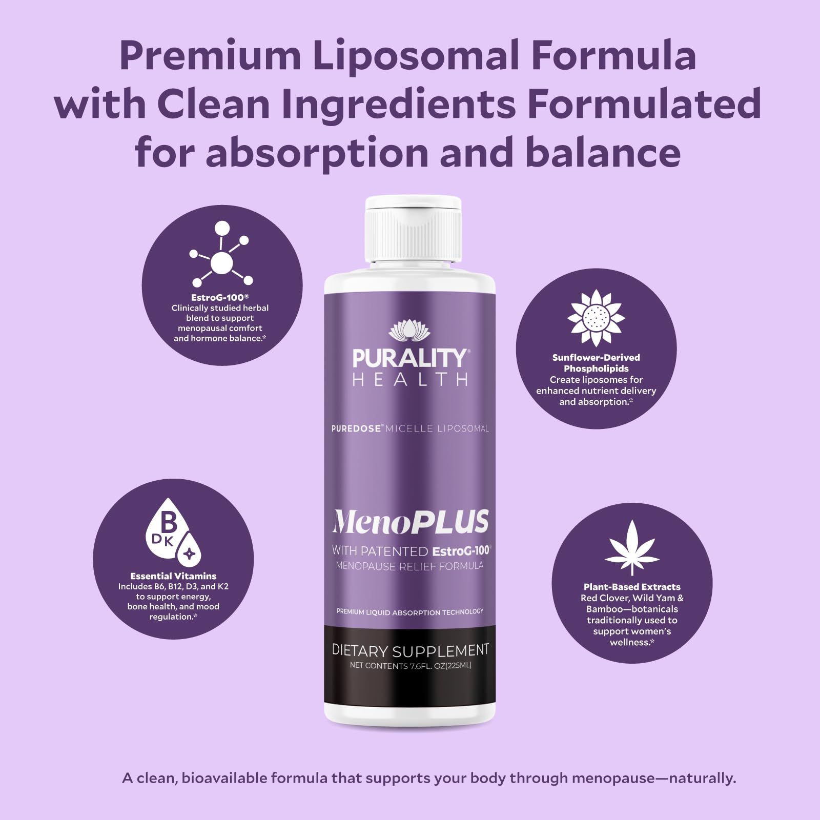 PURALITY HEALTH MenoPLUS red clover ingredient visual for hormonal balance.