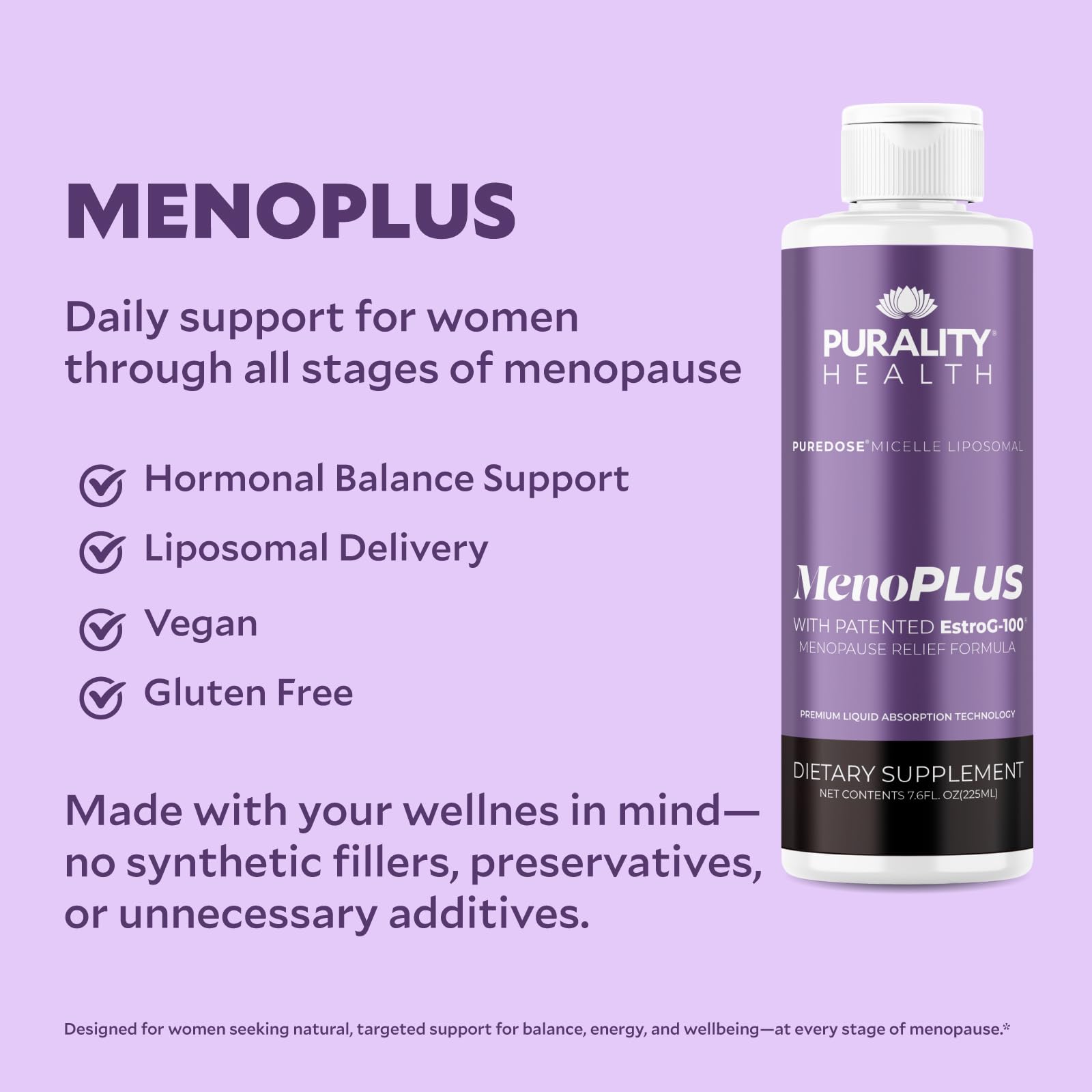 PURALITY HEALTH MenoPLUS smoothie-ready serving shot for easy integration.