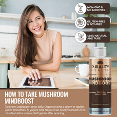 Purality Health Mindboost packaging highlighting vegan, chocolate flavor for daily use