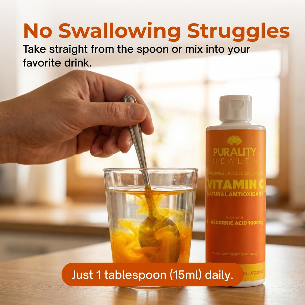PURALITY HEALTH Vitamin C in a glass reveals refreshing orange taste