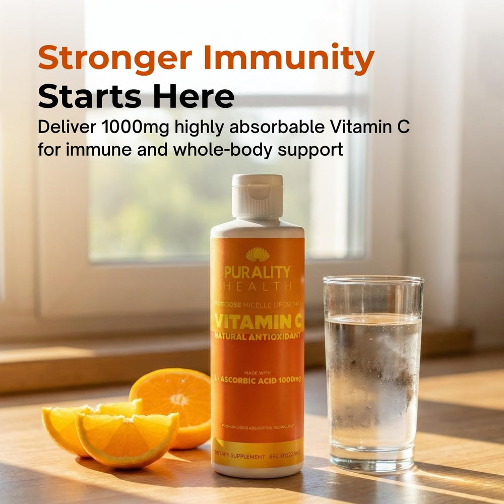 PURALITY HEALTH Vitamin C pouring into glass highlights simple beverage boost