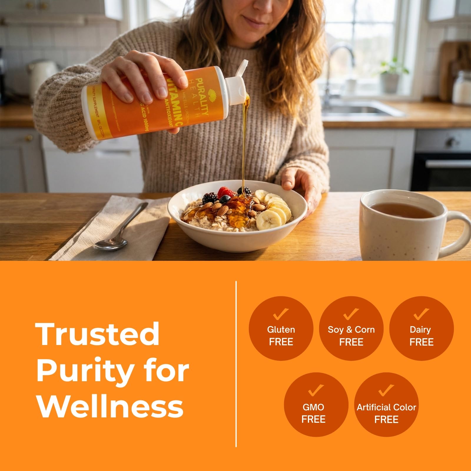 PURALITY HEALTH Vitamin C ingredients icons illustrate vegan, non-GMO features