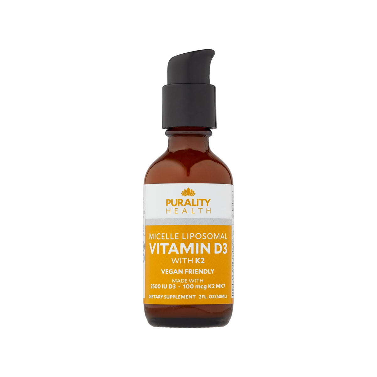 Purality Health Vitamin D3 with K2 liquid bottle shows vegan, non-GMO formula for daily wellness.