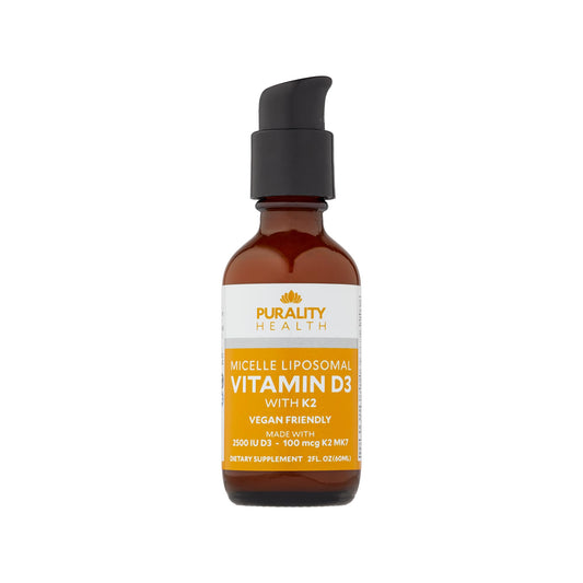 Purality Health Vitamin D3 with K2 liquid bottle shows vegan, non-GMO formula for daily wellness.
