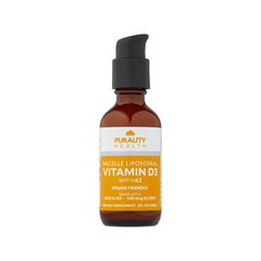 Purality Health Vitamin D3 with K2 liquid bottle shows vegan, non-GMO formula for daily wellness.