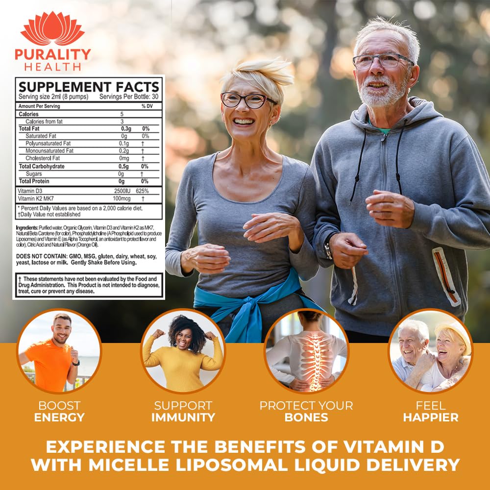 Purality Health Vitamin D3 with K2 liquid citrus flavor supports tasty daily use.