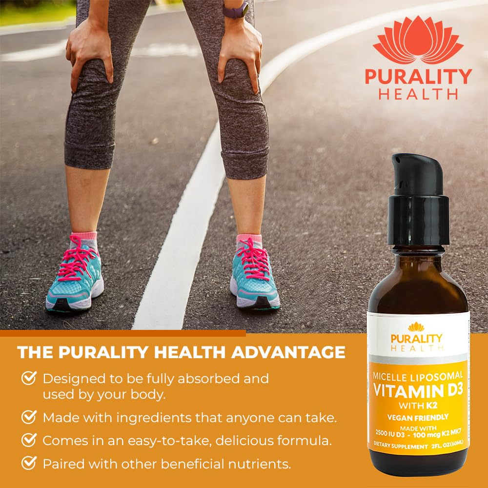 Purality Health Vitamin D3 with K2 liquid label highlights citrus flavor for easy intake.