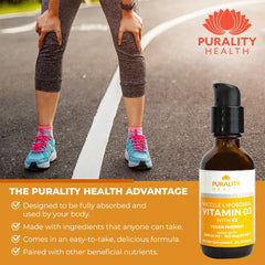 Purality Health Vitamin D3 with K2 liquid label highlights citrus flavor for easy intake.
