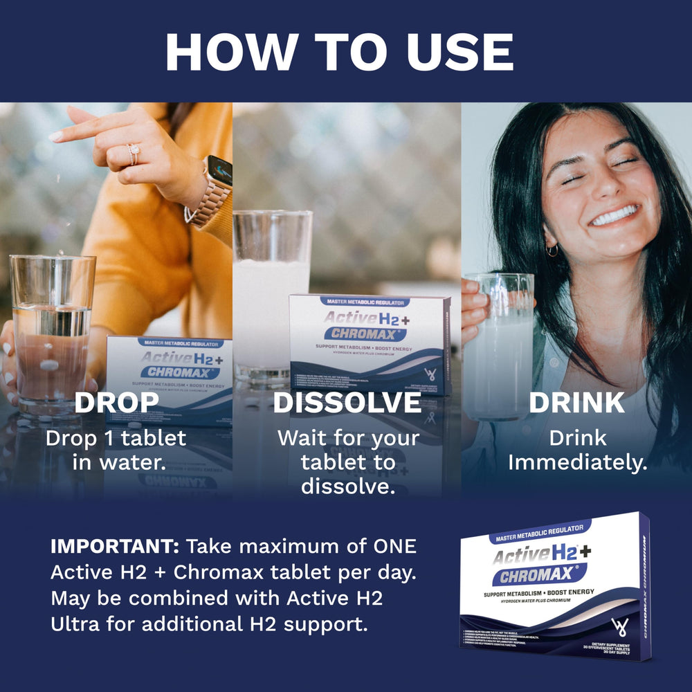 Purative Active H2+ Chromax ingredients with hydrogen and chromium for daily wellness.