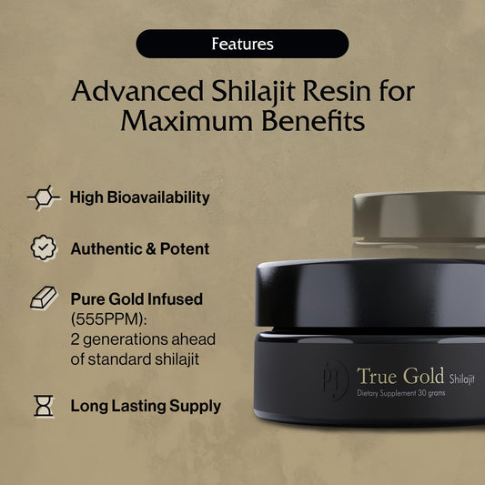 Purblack Gold Infused Shilajit Resin with 555 PPM gold for enhanced potency and purity.