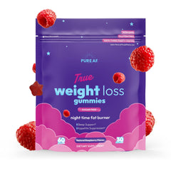 Pure AF Nutra Night Time Fat Burner Gummies jar showing raspberry flavor for nighttime metabolism support