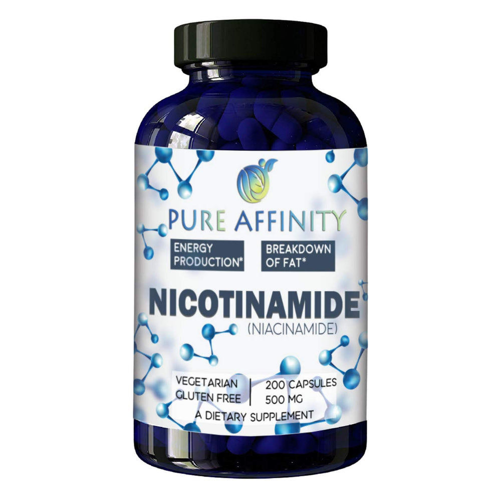Pure Affinity Nicotinamide 500 mg bottle closeup highlighting the flush-free B3 option