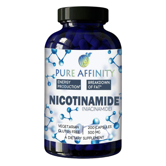 Pure Affinity Nicotinamide 500 mg bottle closeup highlighting the flush-free B3 option
