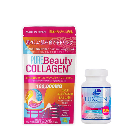 Pure Beauty Collagen and Luxcent Glutathione duo pack for glowing skin and hair health.
