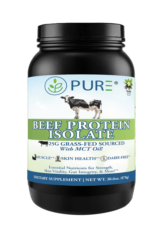 PURE Beef Protein Isolate Vanilla Canister showcasing premium dairy-free protein for muscle recovery