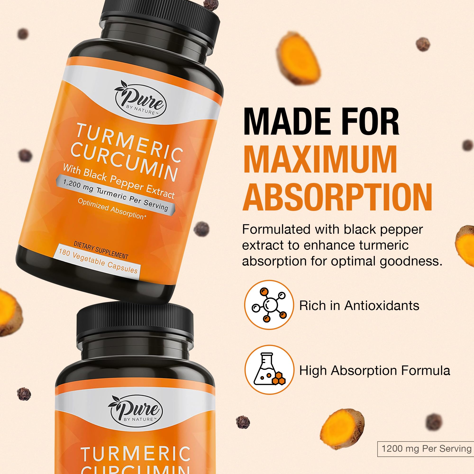 Pure By Nature turmeric label close-up emphasizing organic ingredients.