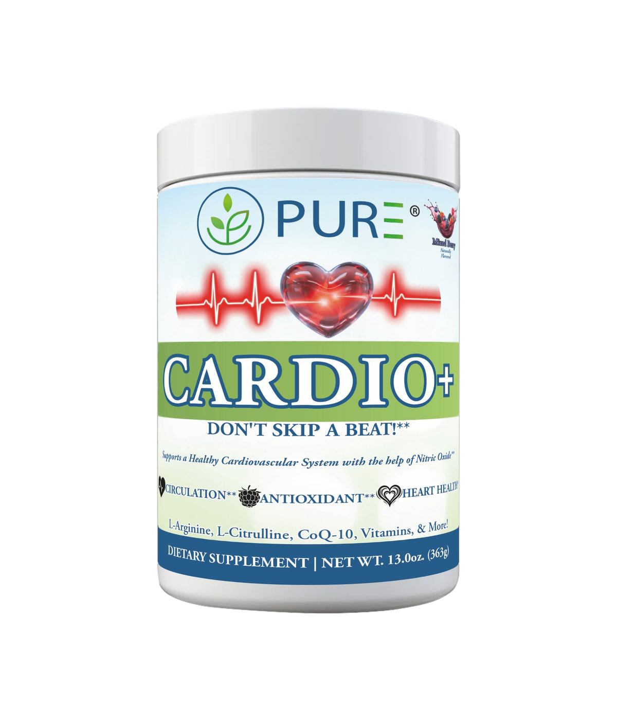 PURE Cardio+ bottle label emphasizes trusted cardiovascular support.