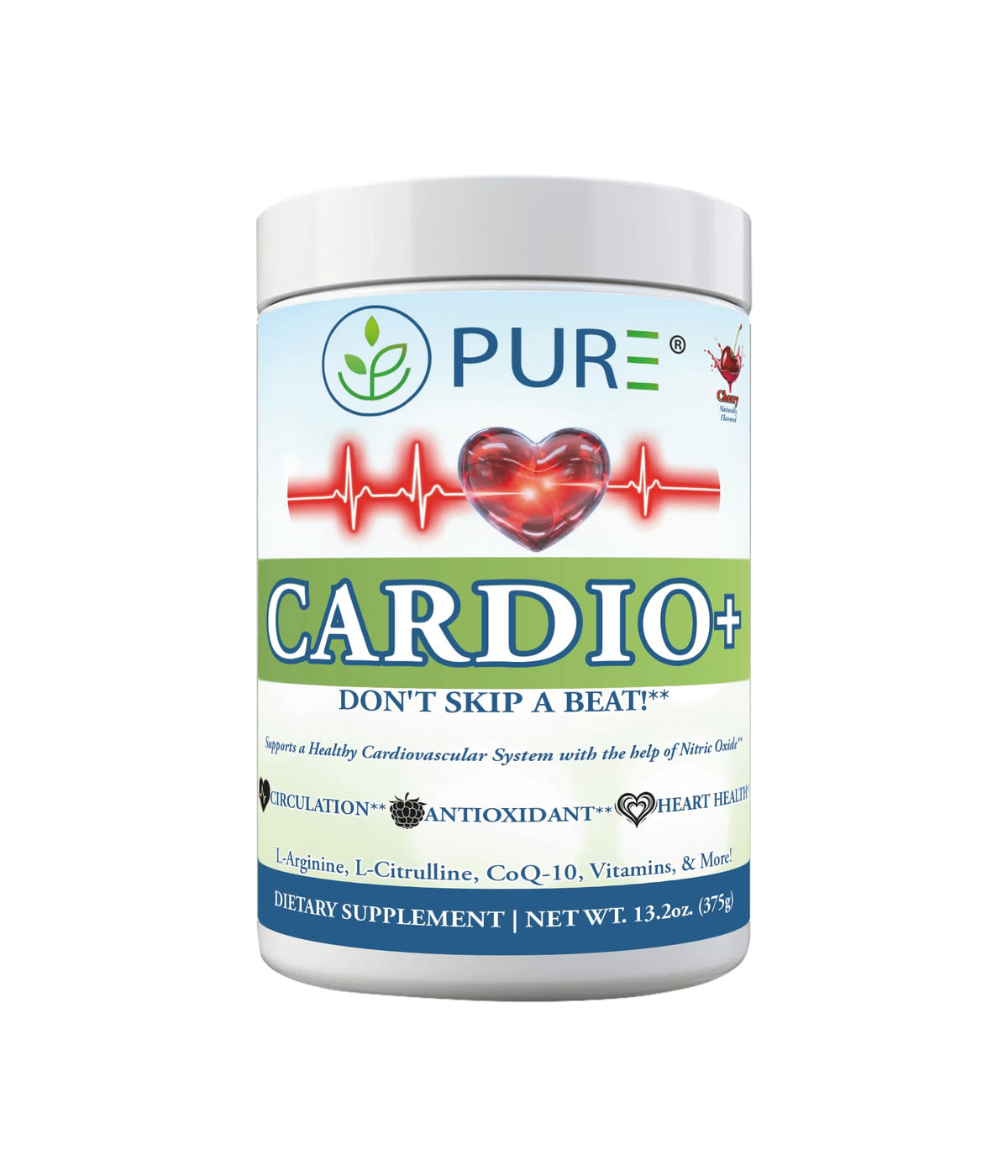 PURE Cardio+ bottle label highlighting the nitric oxide blend for heart support.