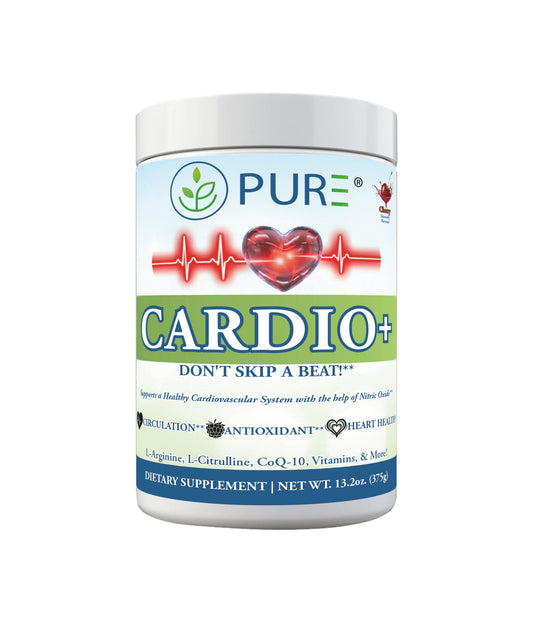 PURE Cardio+ bottle label highlighting the nitric oxide blend for heart support.