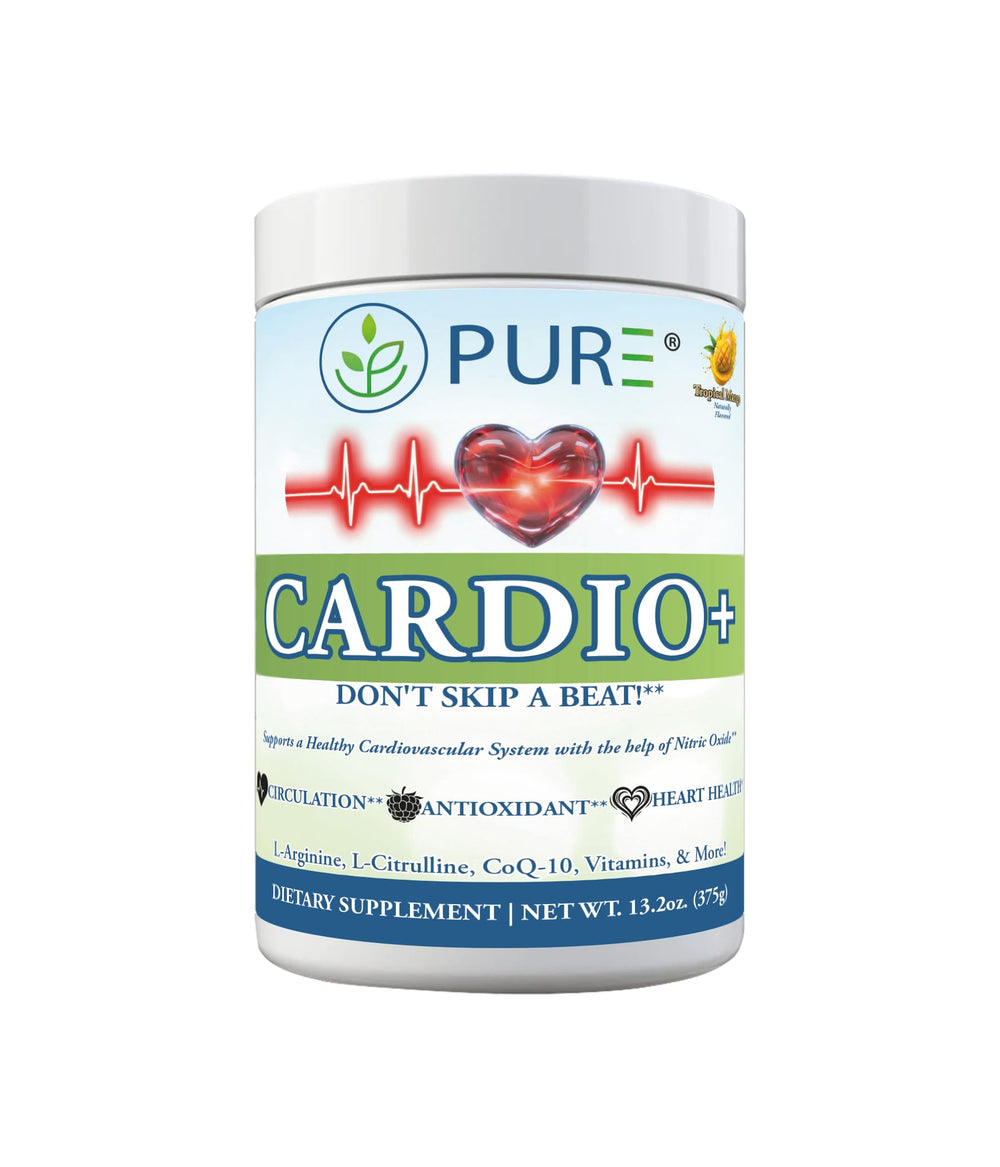 PURE Cardio+ mango tub front showcasing premium formula for active daily use.