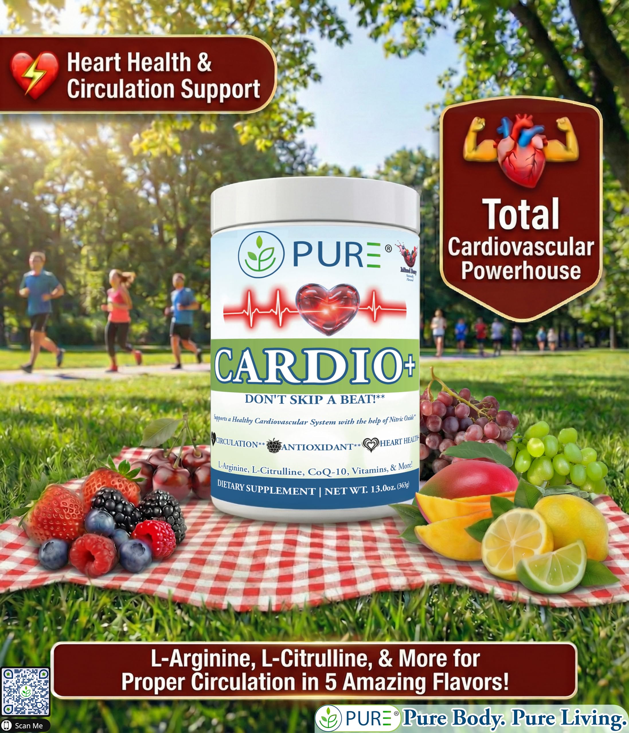 PURE Cardio+ powder scoop shows easy daily serving for energy.