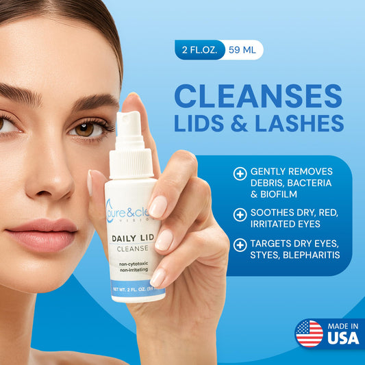 Pure & Clean lid spray mist demonstrated for lash line cleansing.