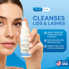 Pure & Clean lid spray mist demonstrated for lash line cleansing.