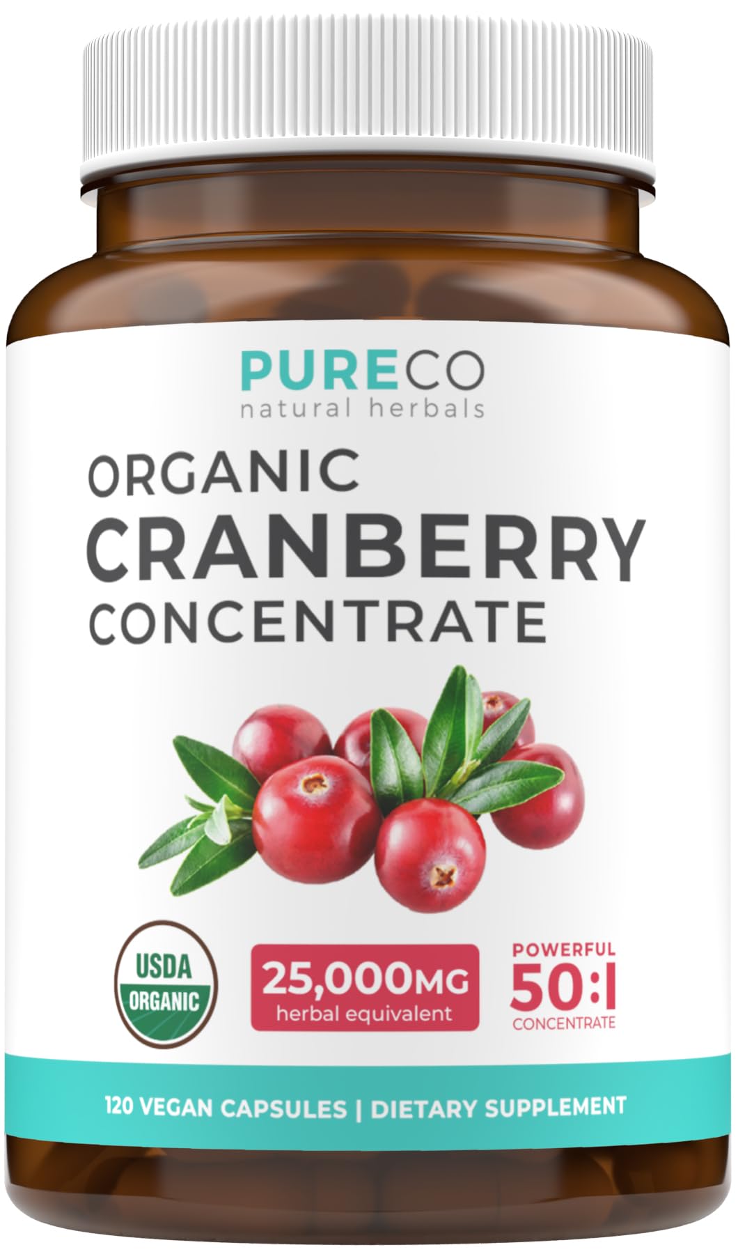 Pure Co Cranberry Pills bottle closeup highlights high-potency cranberry extract for daily wellness.