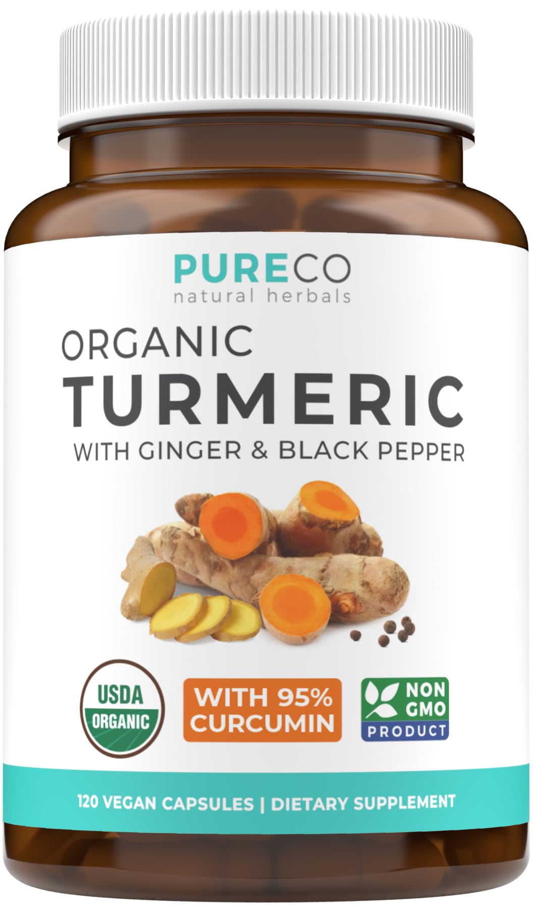 Pure Co turmeric-ginger-black-pepper capsules bottle—premium packaging for daily wellness.