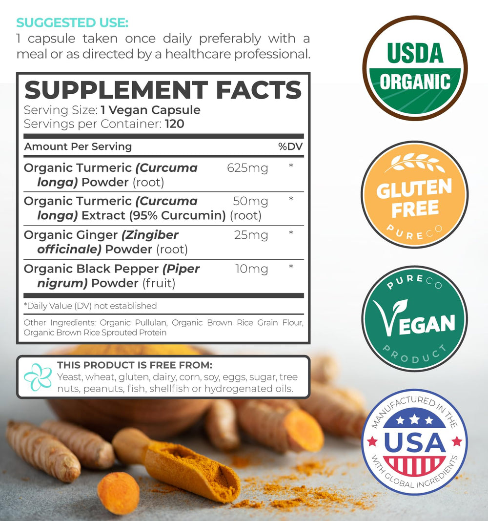 Pure Co turmeric-ginger capsules close-up highlighting high-potency formula.