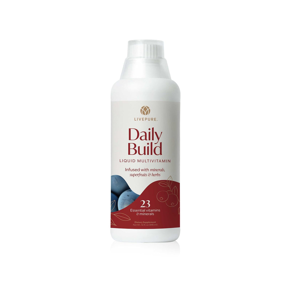 PURE Daily Build bottle front view, supports daily wellness with liquid multivitamin.
