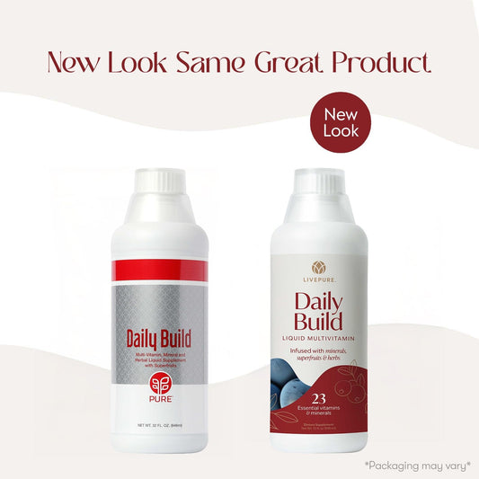 PURE Daily Build bottle label close-up shows vitamins and minerals.